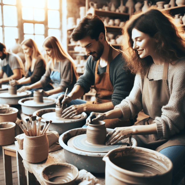 An image of a small group of people participating in a pottery class, focused and enjoying the creative process. The setting is a cozy, well-lit studi (1)